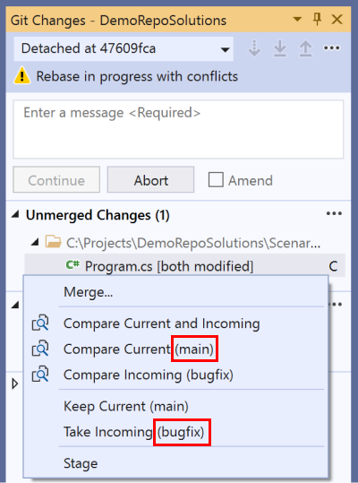 Context menu when resolving conflicts displays the branch names