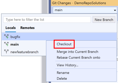 Left click to check out a branch and right click for additional actions.